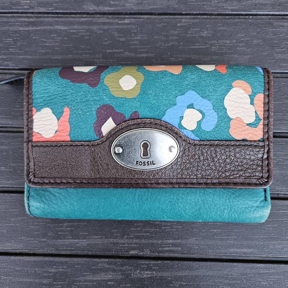 Fossil Marlow Turquoise Brown Floral Trifold Leather Wallet with Zip Coin Pouch